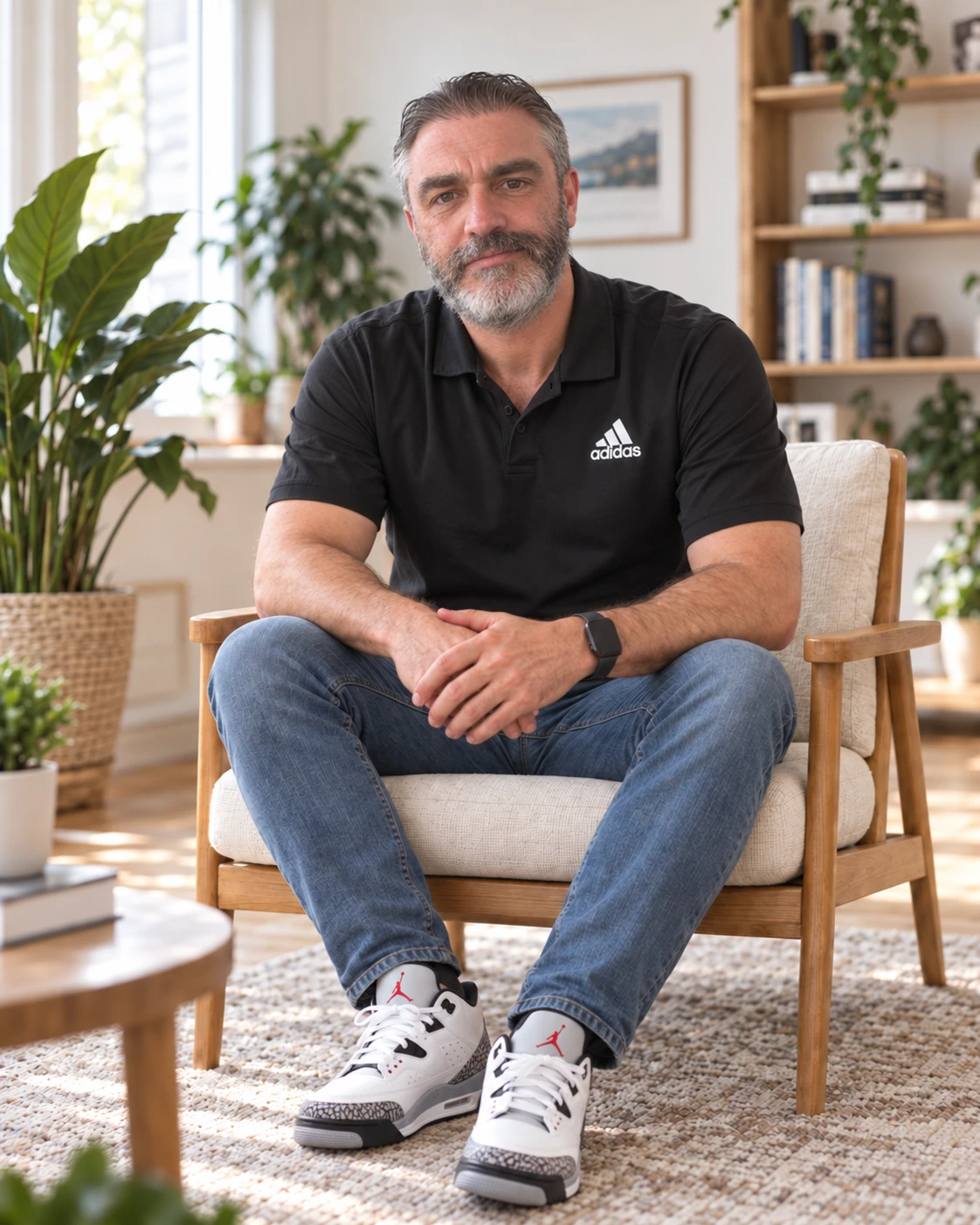 A relaxed portrait of Damian seated in a bright room
