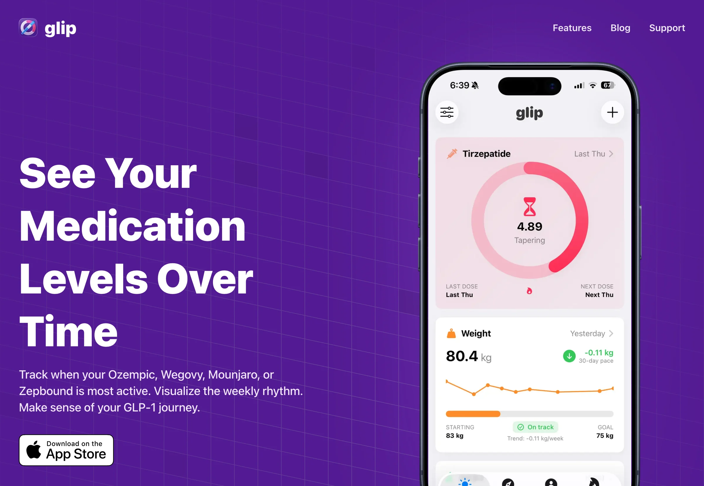 Glip homepage showing the medication tracking app on an iPhone