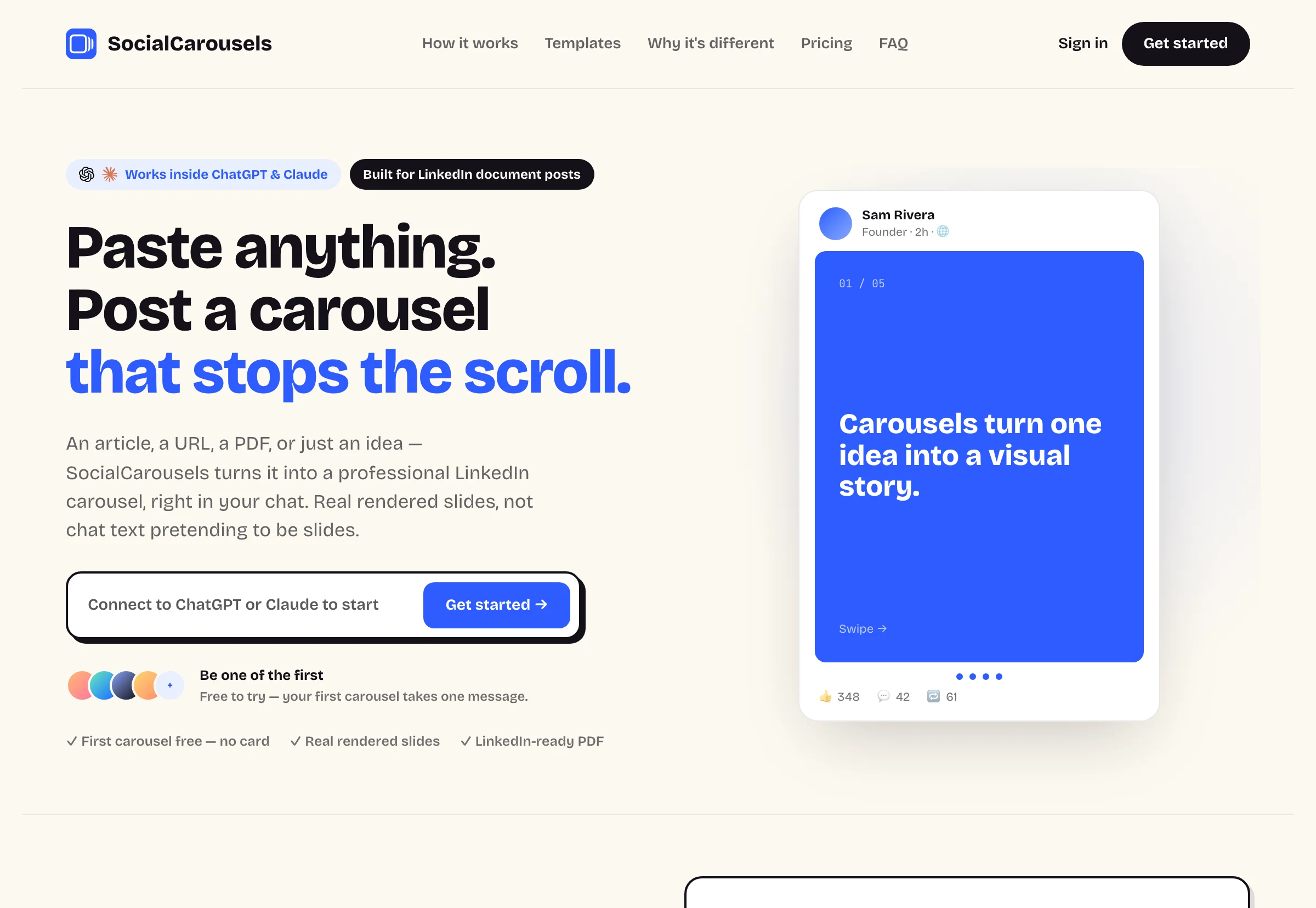 SocialCarousels homepage showing a sample carousel