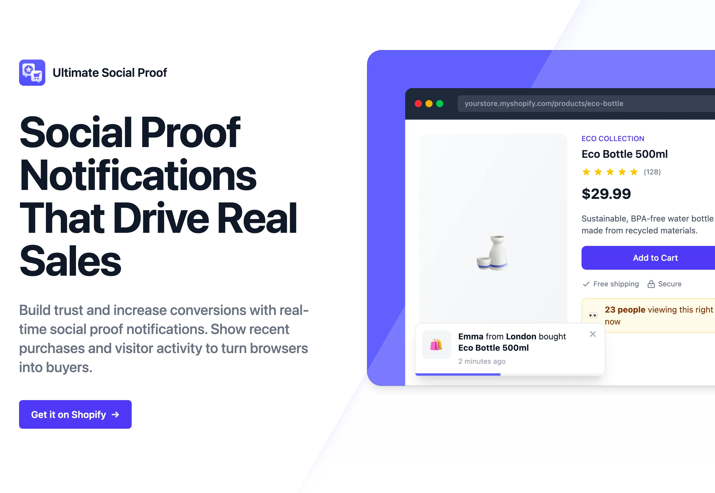Ultimate Social Proof homepage showing storefront notifications